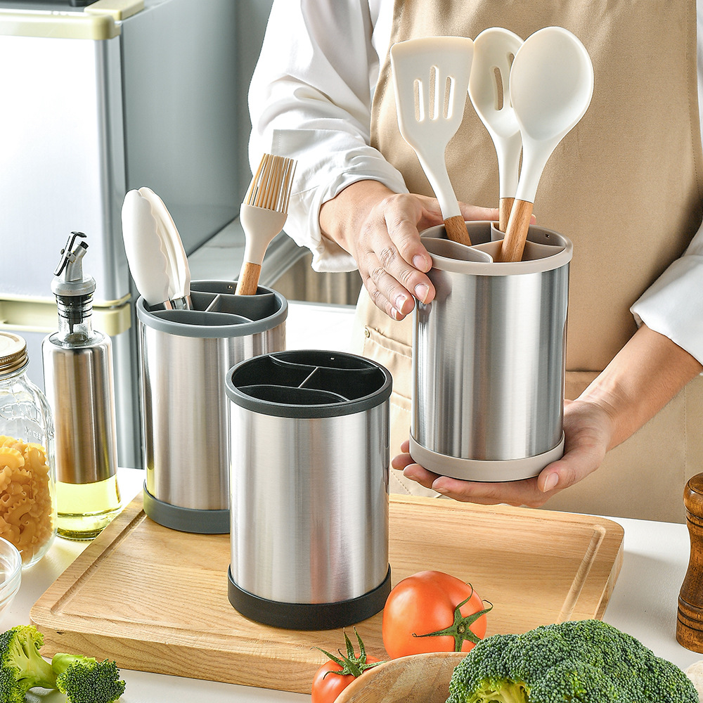 多功能不锈钢厨房收纳座易取放旋转餐具桶简约现代eworthy