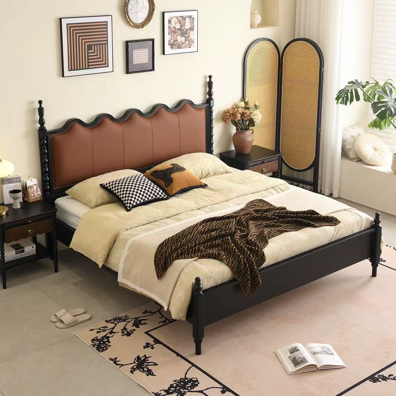 法式复古全实木软包床1.8米主卧室双人床油蜡皮美式中古风涟漪床