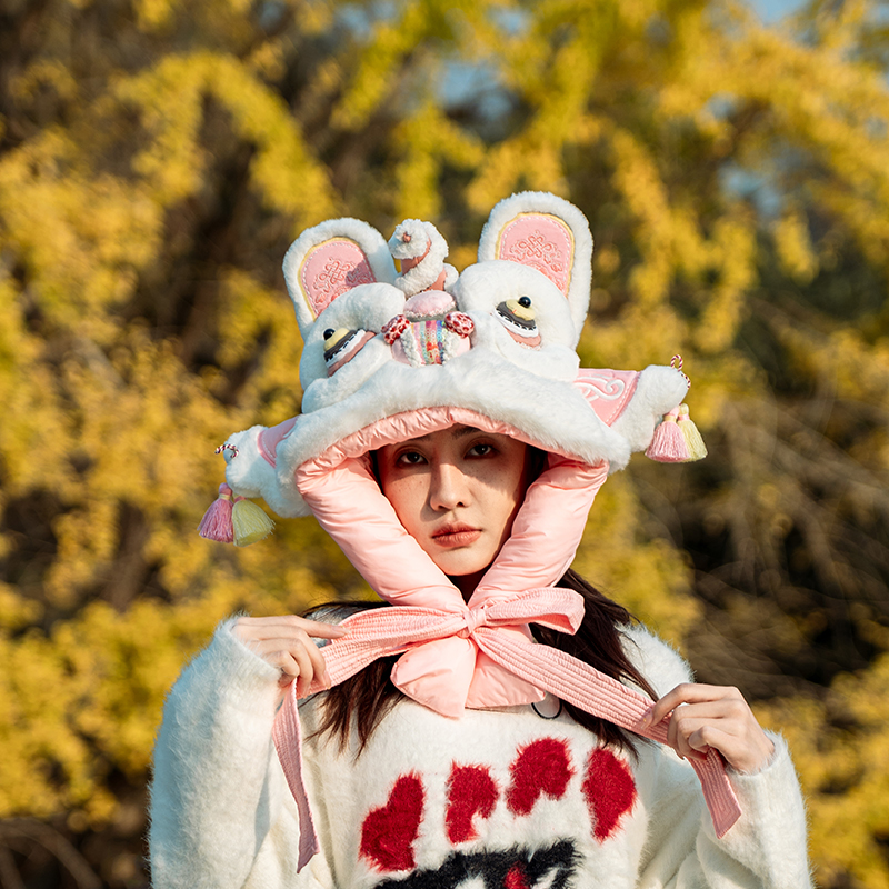 芽小七原创设计鹑尾粉色醒狮丝棉帽滑雪冬天撞色防寒保暖亲子防风