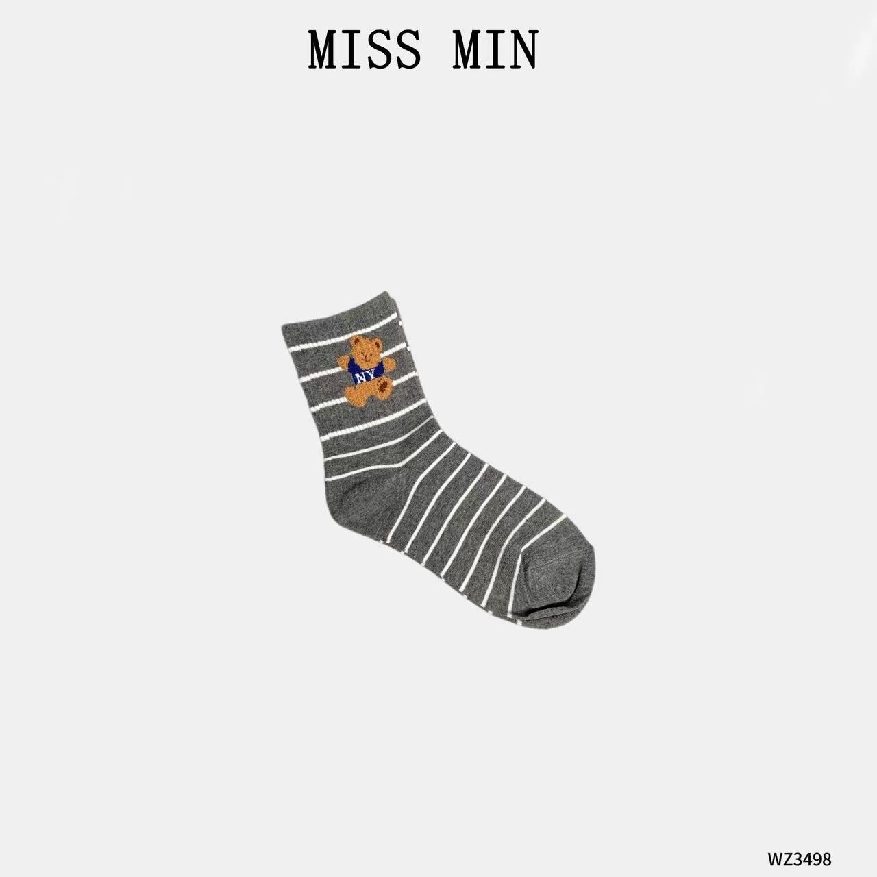 MISS MIN【熊大】东大门女袜条纹中筒袜卡通小熊少女四季袜 WZ3498