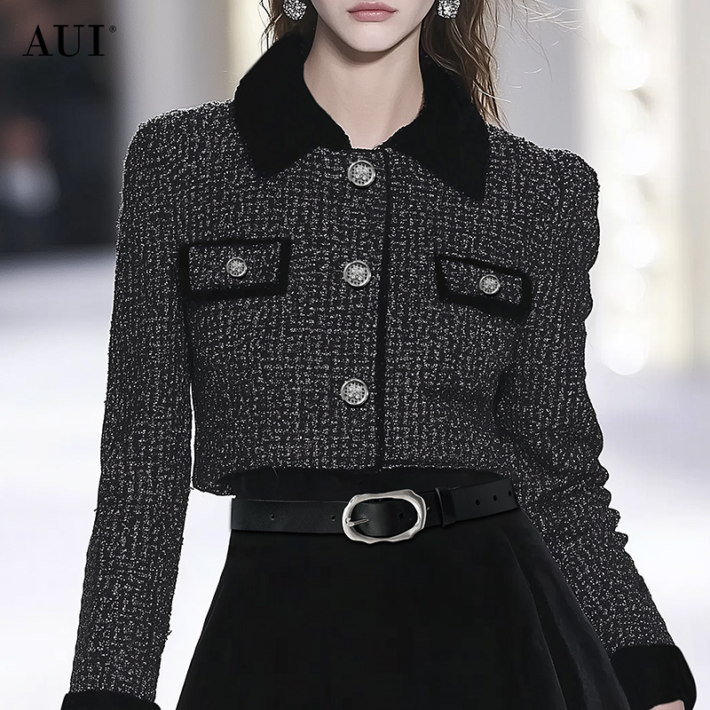 【粉丝专享】AUI黑色御姐气质设计感小香风短外套-24D106062