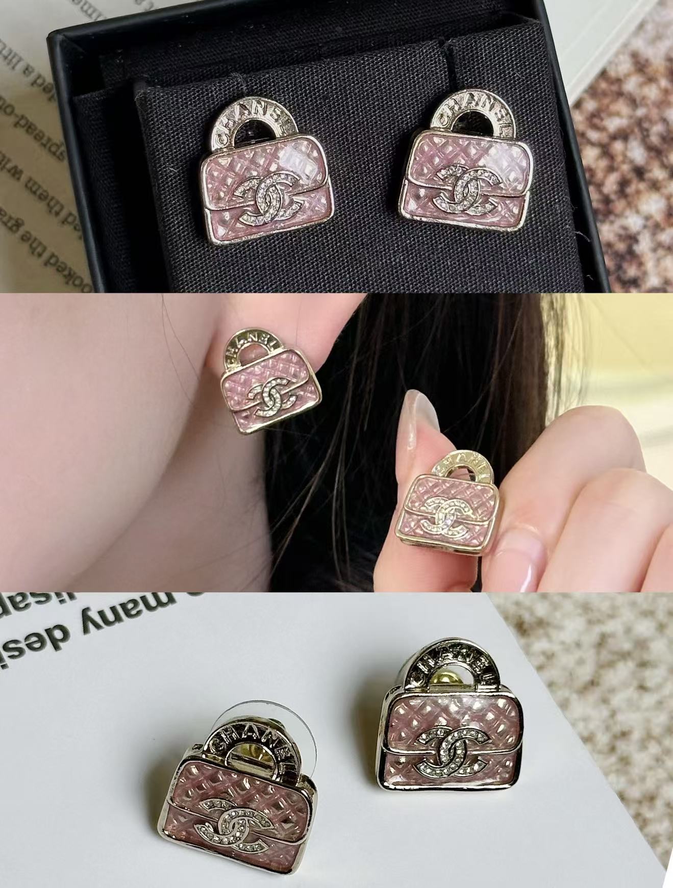 95新 Chanel/香奈儿 粉色书包钻钻双C耳钉 16403491