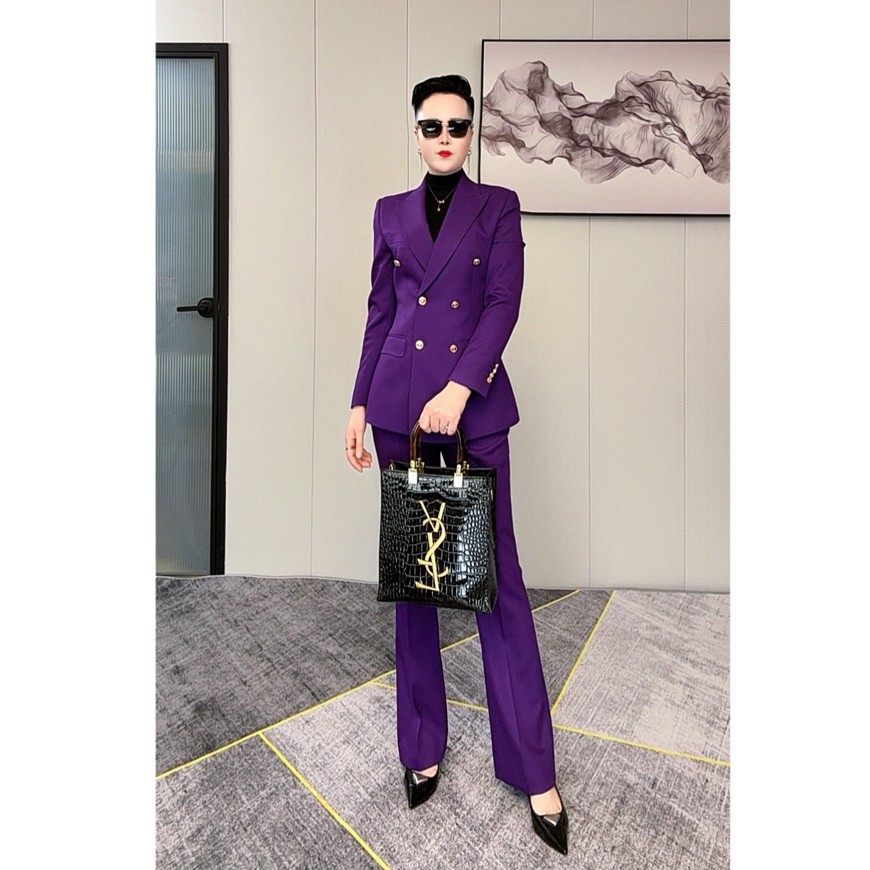 【白衣哥】新款紫色双排扣金属扣职业套装气质修身款