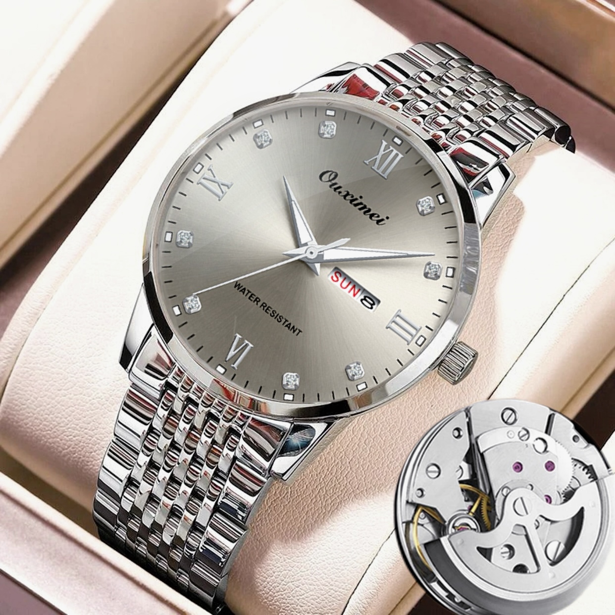 WT蝶飞极光拉丝高级灰简约双日历全自动男士防水手表