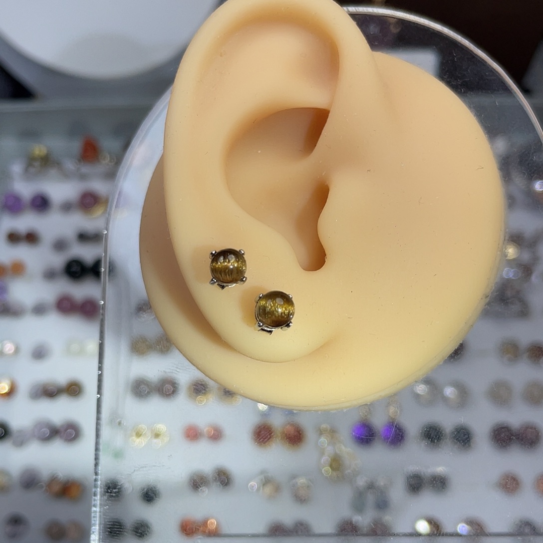 铜发晶铜顺发水晶耳钉猫眼效应气质时尚百搭精致珠珠镶嵌925银