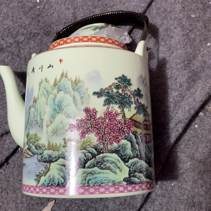 摆件陶绿稀土粉彩山水提梁壶