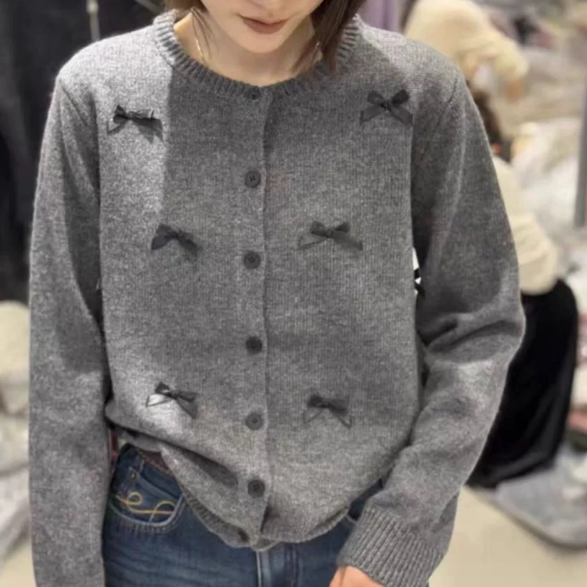 秋冬新款韩系蝴蝶结圆领针织开衫女修身显瘦百搭