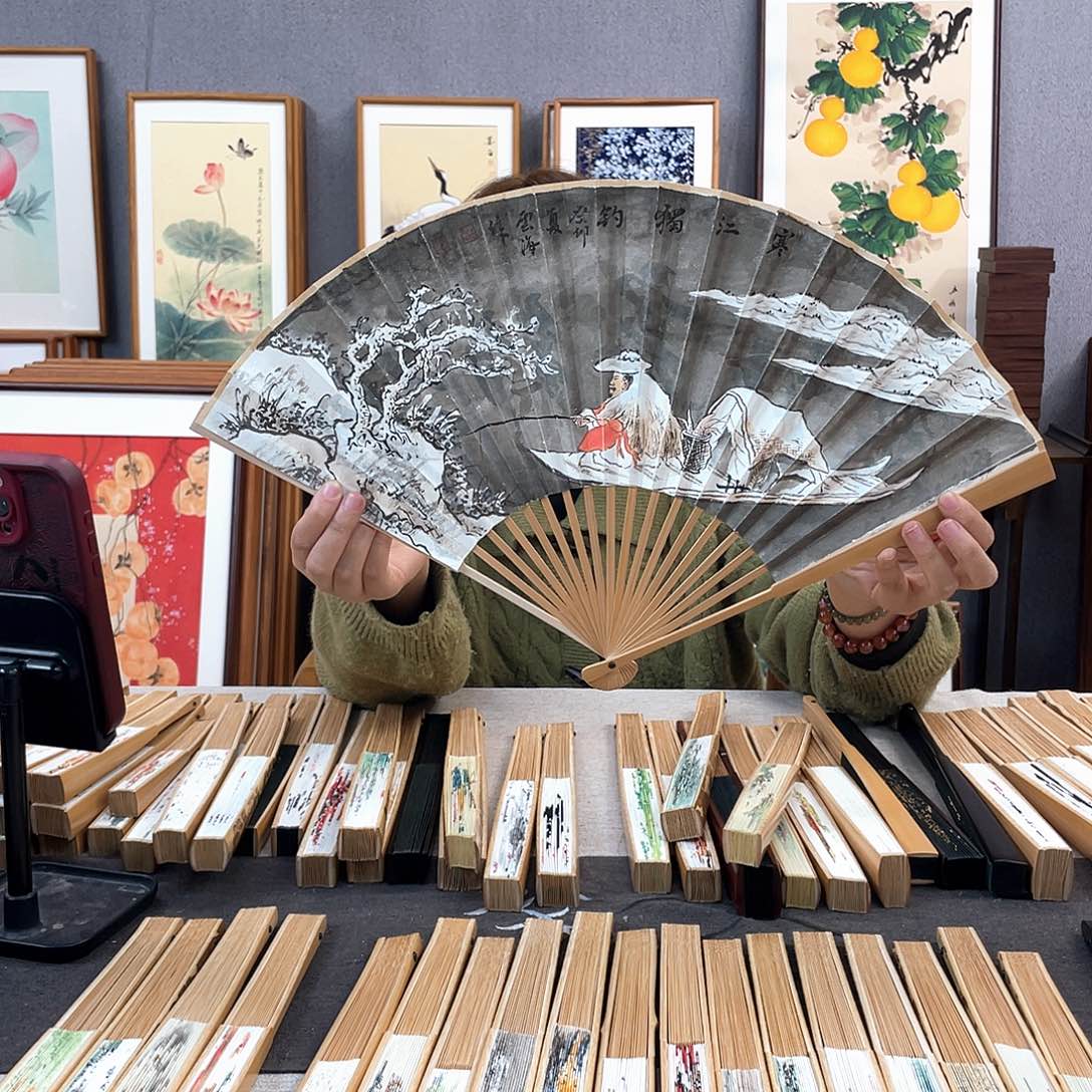 国画95寸玉竹-纯手绘-文玩扇骨（默认粘好）