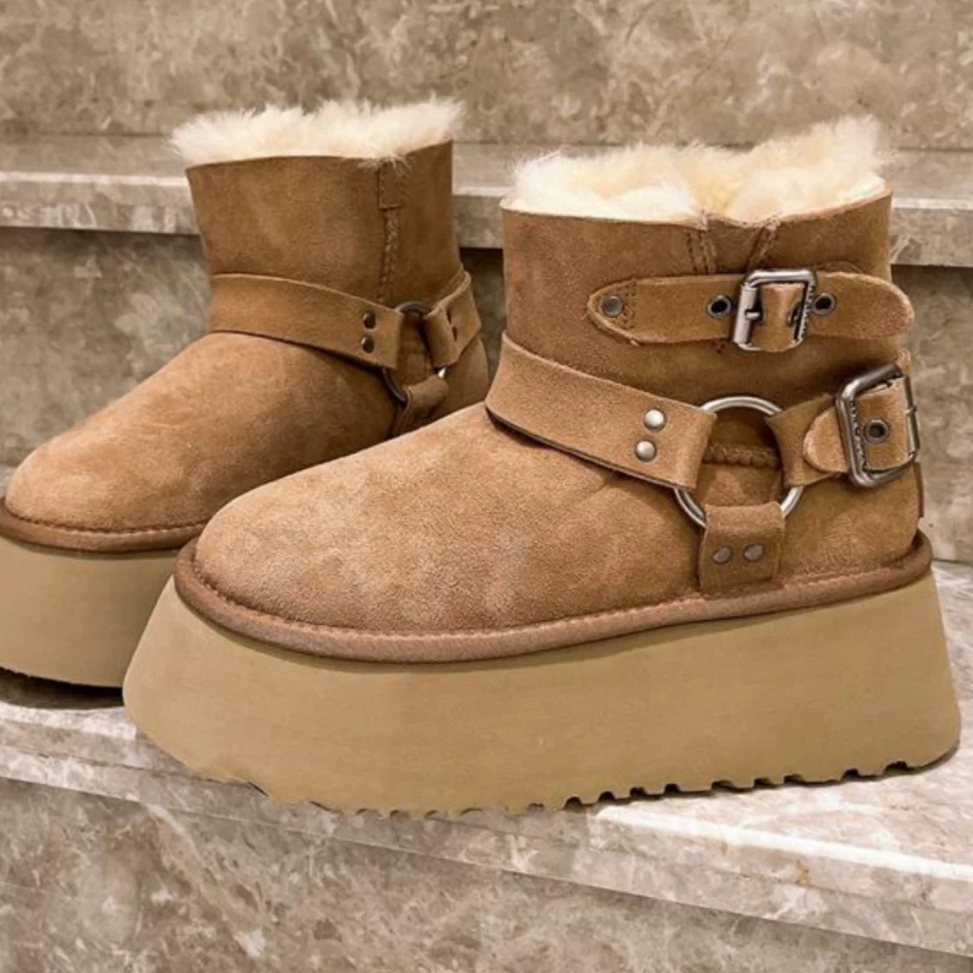 羊皮毛一体真皮金属厚底松糕小个子6cm雪地棉靴短靴东北棉鞋女鞋