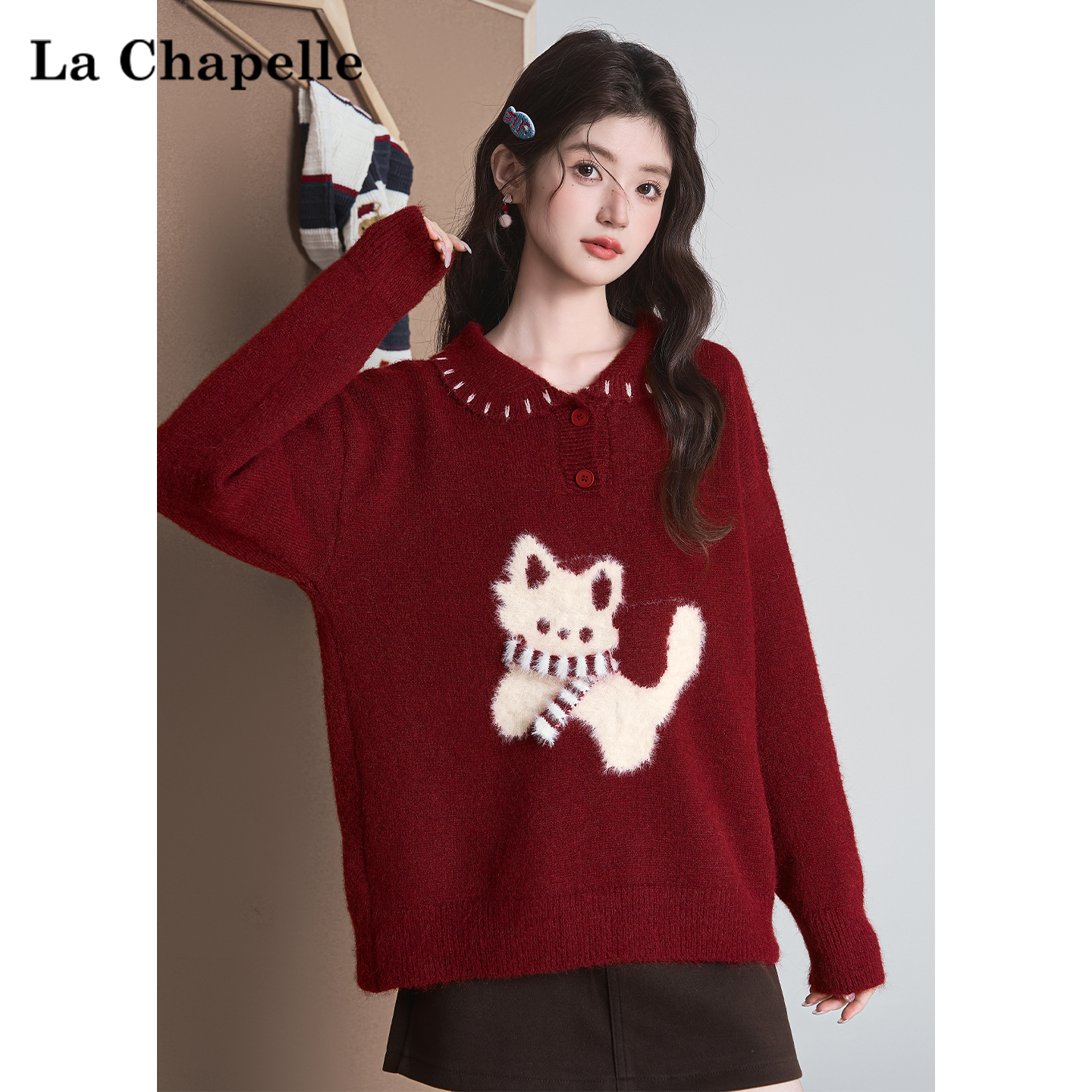 拉夏贝尔可爱卡通红色毛衣女冬季圣诞过年穿搭套头针织衫内搭上衣
