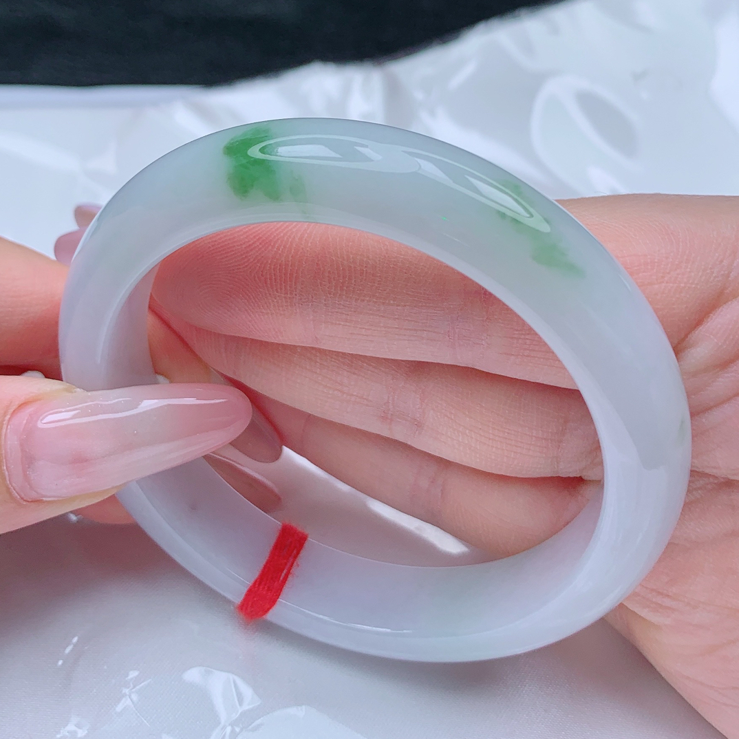 正品缅甸天然A货翡翠高细糯化飘绿花清爽干净化底无棉完整57.8圈