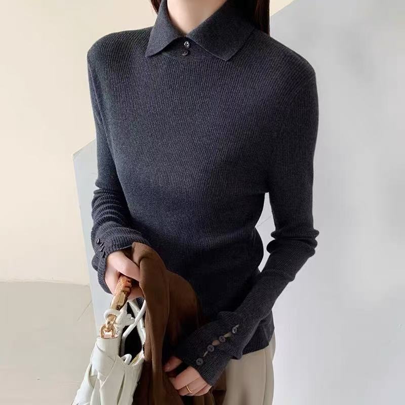 深灰！胸100-170长57显瘦纽扣撞色翻领基础百搭针织上衣 4461