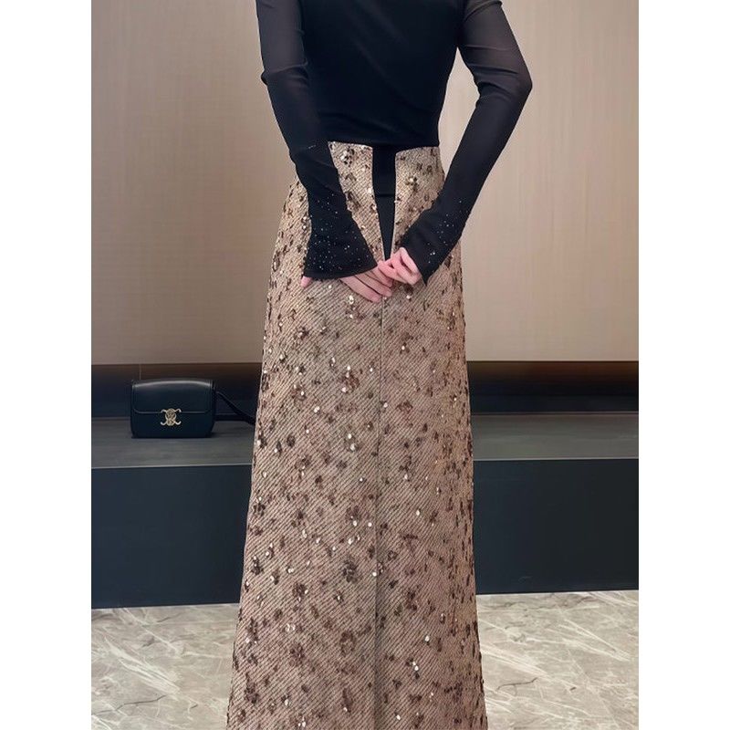 浪莎金色亮片半身裙女2025春季新款高腰显瘦百搭修身长款包臀裙时