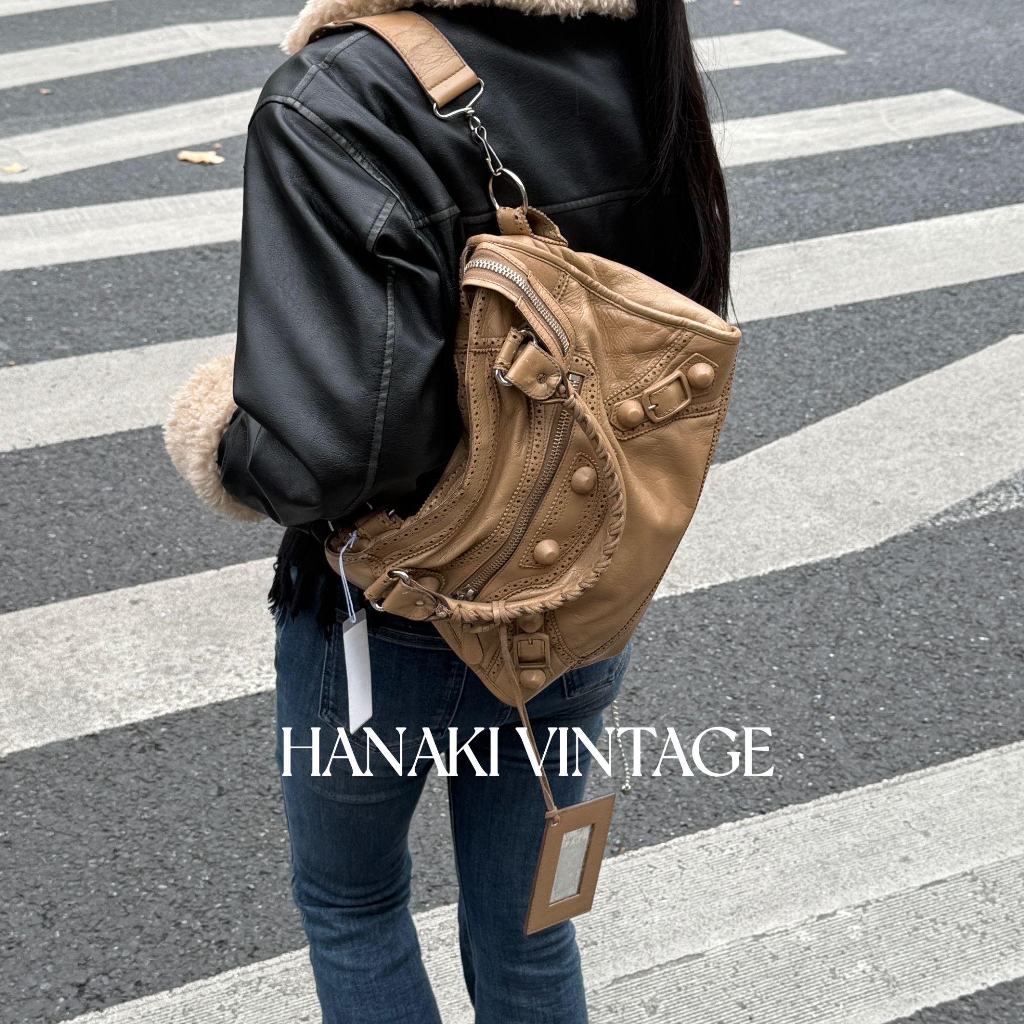 95新 Balenciaga/巴黎世家 花绮中古/巴黎世家卡其蕾丝机车单肩包