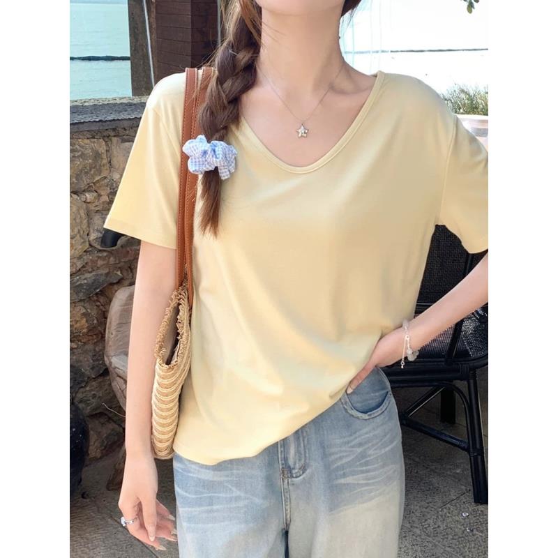 纯欲风夏季网红短袖白色大领口时尚V领t恤正肩夏宽松显瘦内搭女潮