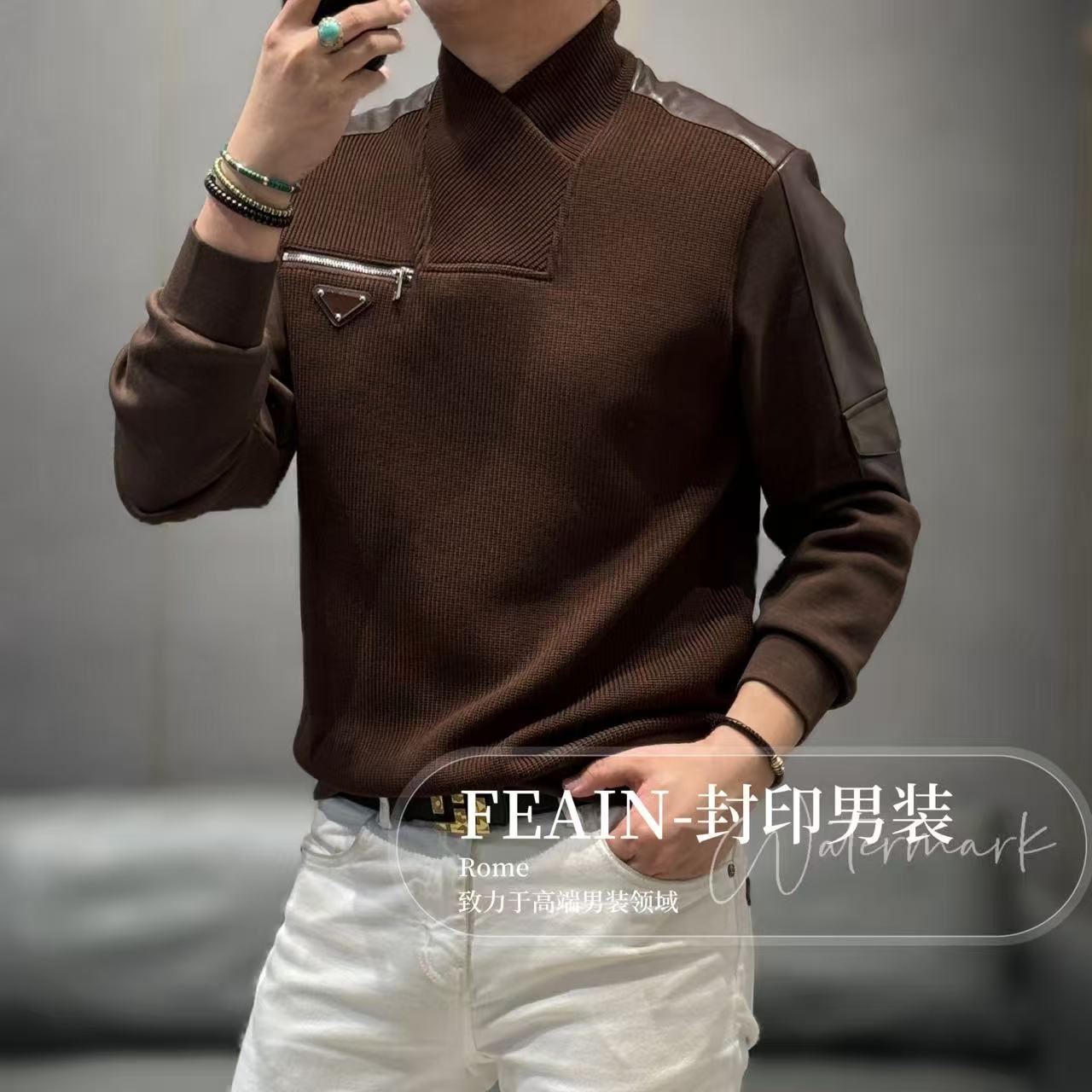 高端定制立体交叉领设计莫代尔粗针织拼接加绒男士卫衣9188