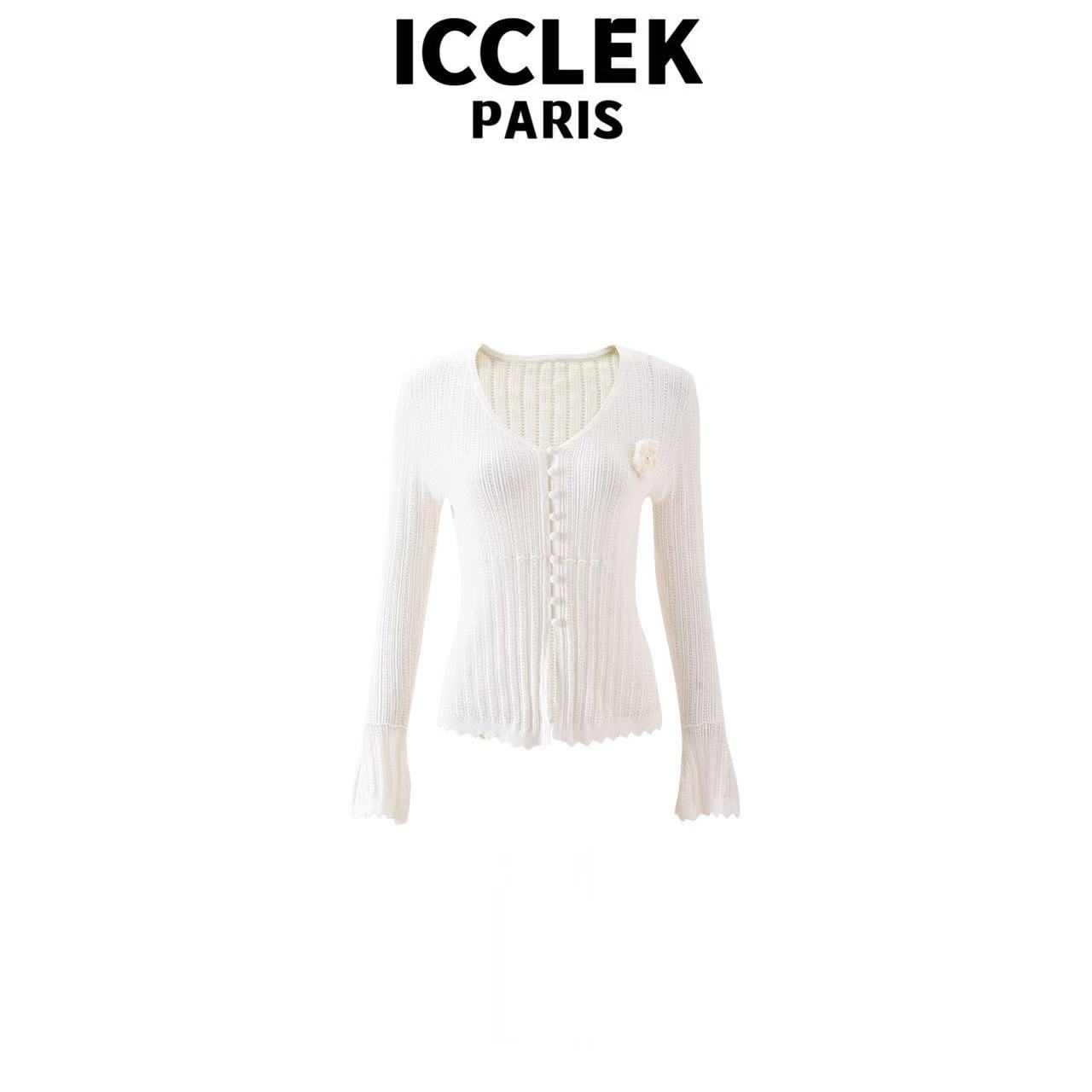 ICCLEK 白色荷叶边单排扣毛衣外套轻奢时尚百搭显瘦减龄外套-5925