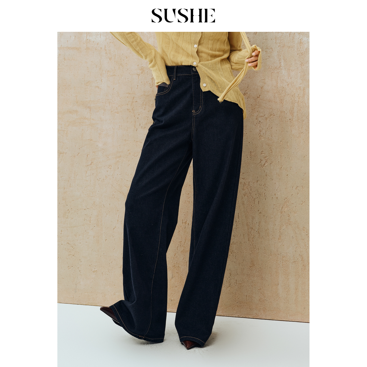 束皙SUSHE 游夜 怀旧复古 水洗棉羊毛高腰显瘦复古薄绒微喇牛仔裤