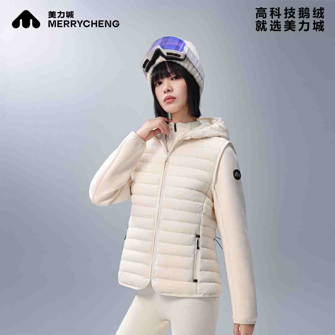 美力城黑骑士系列女款轻薄款收腰连帽拼接针织鹅绒服505