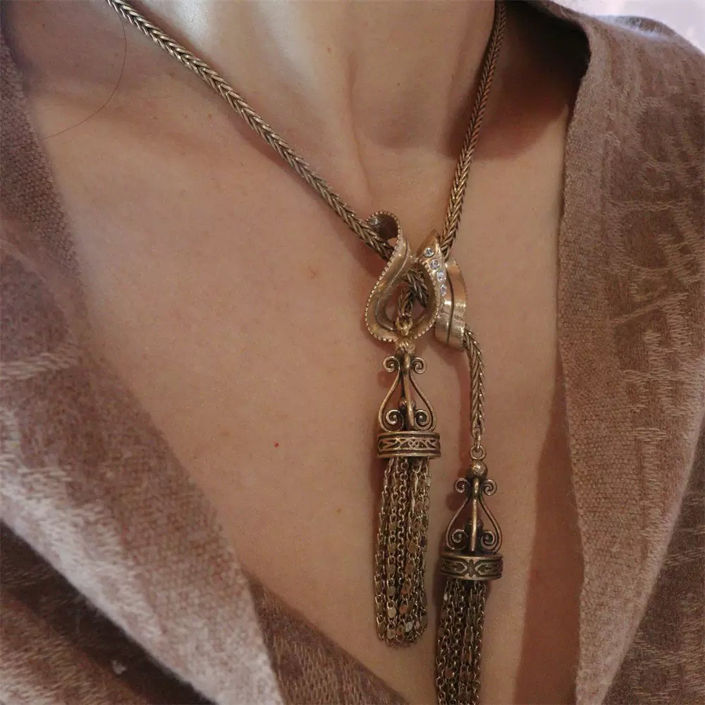 铜合金项链 中古Vintage复古Monet ins复刻简约金属素金流苏项链