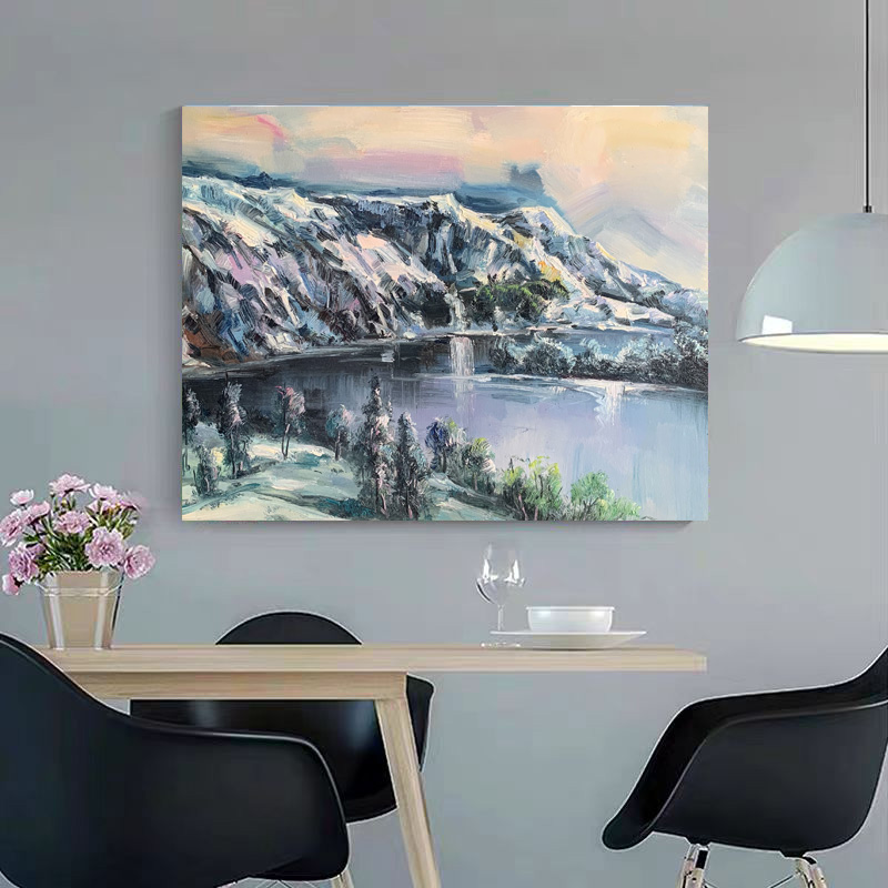 《雪山映湖》50*60含内框，刘春建手绘油画装饰画，客厅背景墙挂画