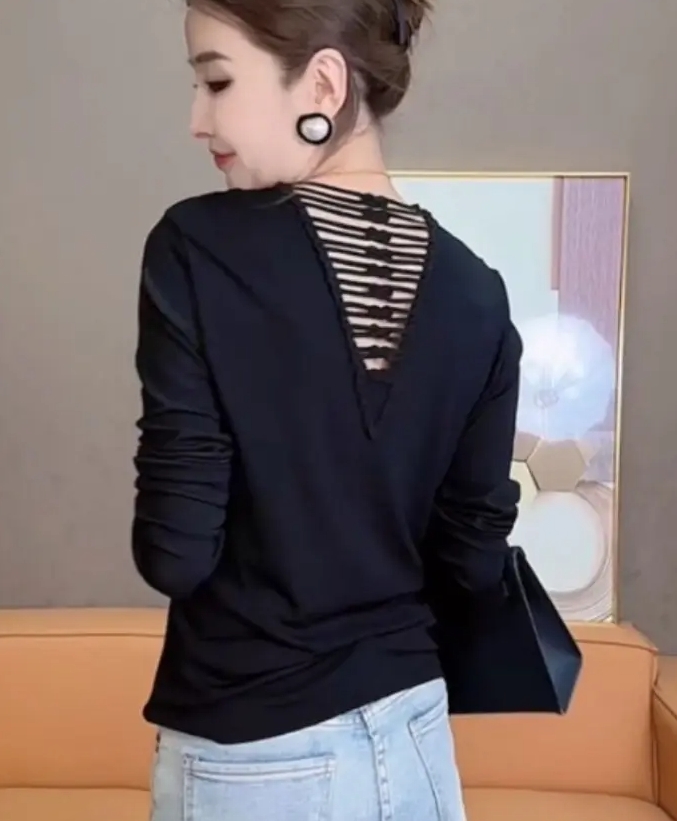 2276新款自留款洋气衫美背小衫交叉盘扣设计V领纯色T恤长袖