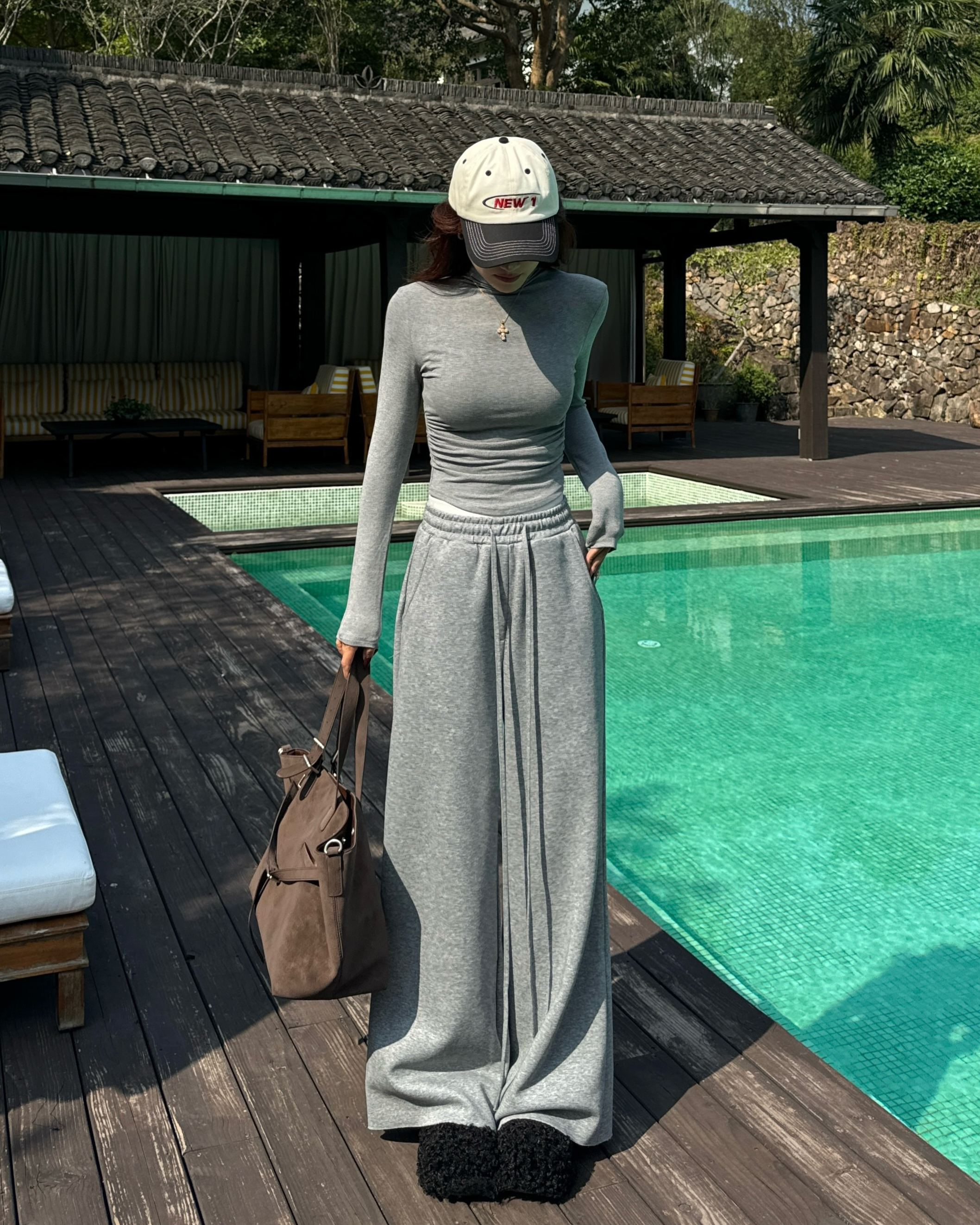 【Aliu自制】万搭张力秋冬基础休闲运动拼接松紧腰头松弛感阔腿长裤