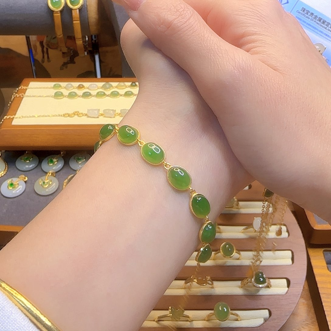 和田玉手链银S925镀金镶嵌