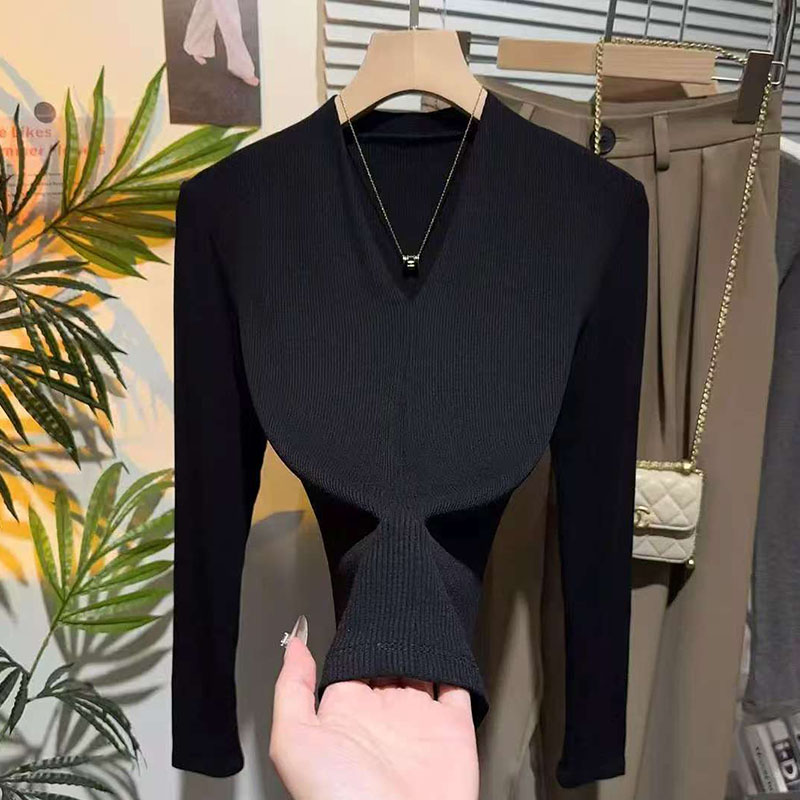 高级感长袖极简风深v领气质时尚法式上衣打底显瘦2025年百搭修身