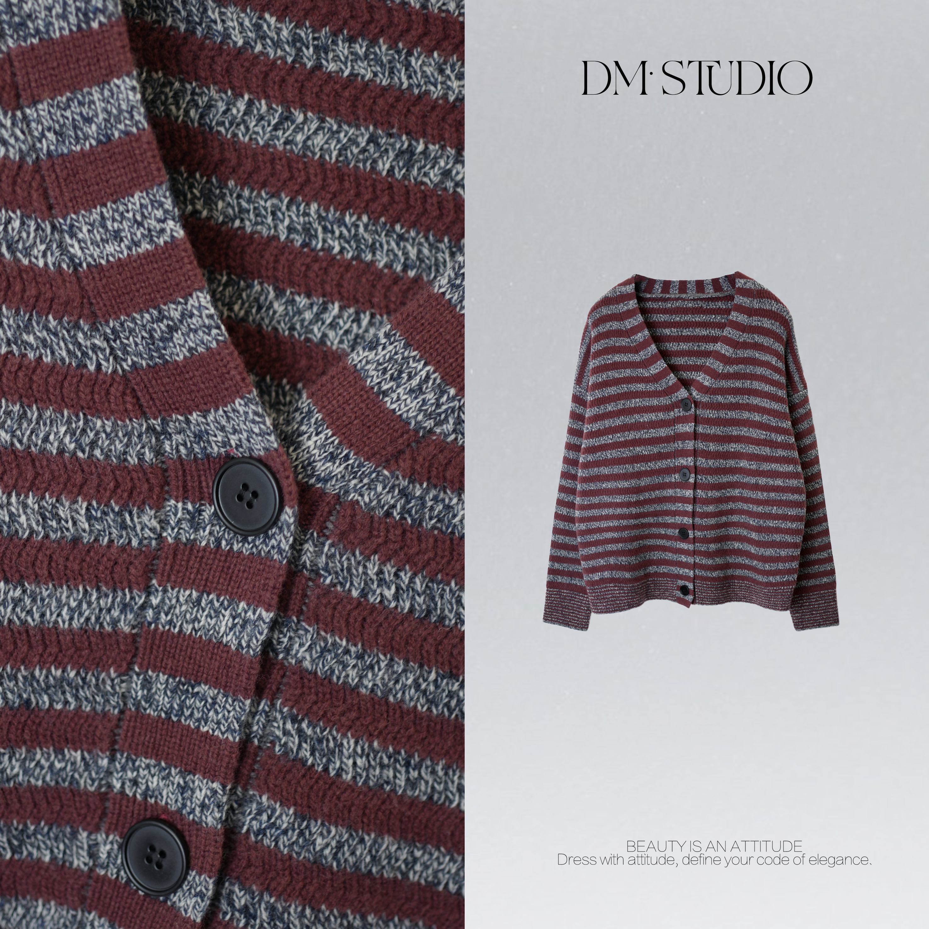 DEDM•STUDIO/100%绵羊毛气质极简精致感条纹针织开衫2512ZZS/201