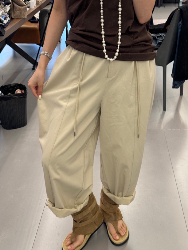 松紧腰抽绳休闲裤夏款薄款宽松女士弯刀裤