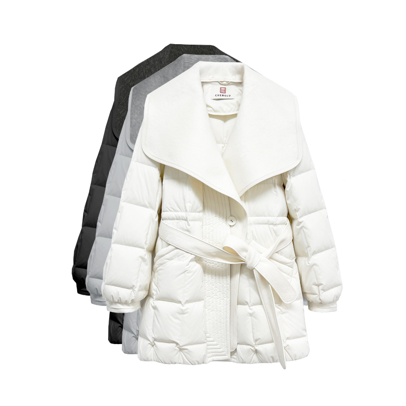 【橙庐】560406极寒绵羊毛翻领风衣羽绒服 白鹅绒女士中长腰带保暖