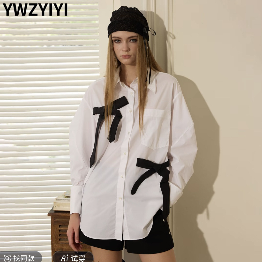 颜外之衣 白色撞色蝴蝶结装饰衬衫女经典宽松优雅时尚YLWWA1C600