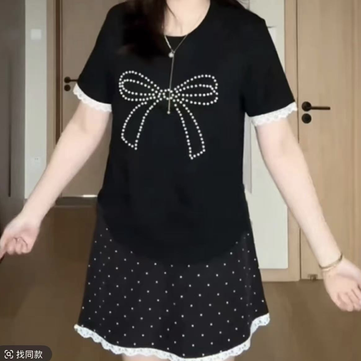 大码胖mm蝴蝶钉珠正肩短袖T恤新款夏季修身显瘦上衣波点裙两件套