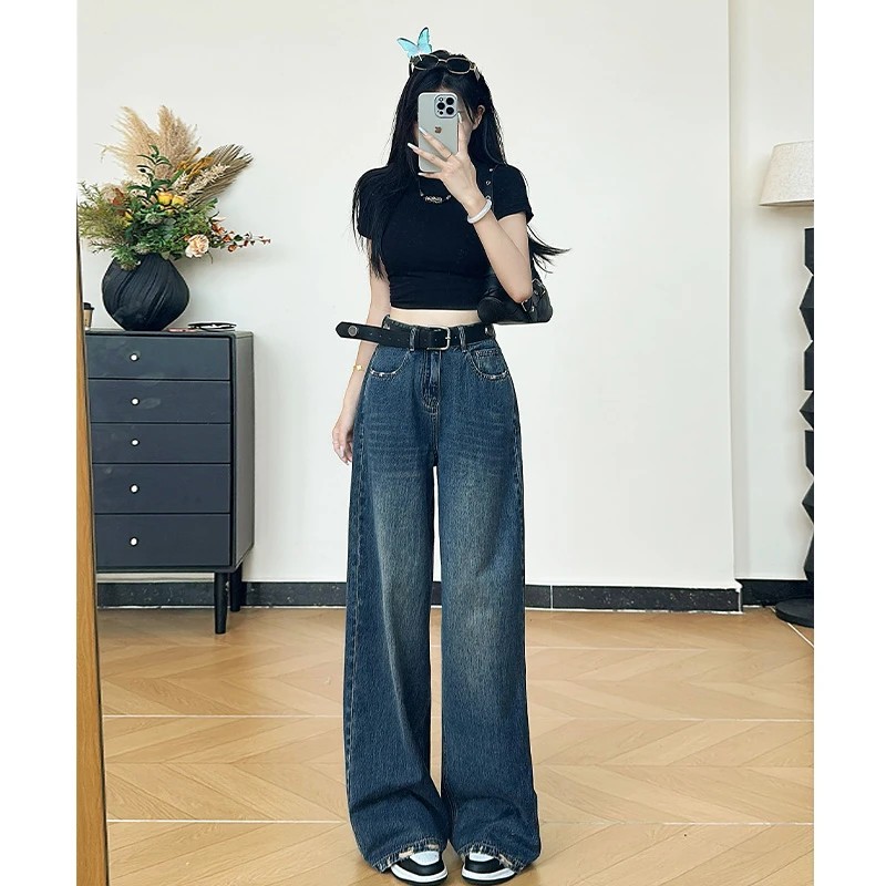 7598 大牌刺绣磨边工艺复古阔腿牛仔裤女宽松百搭直筒裤子C