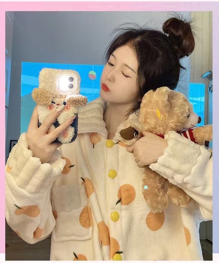 冬季睡衣女珊瑚橙子甜妹可爱法兰绒睡衣女加绒加厚课外穿家居服