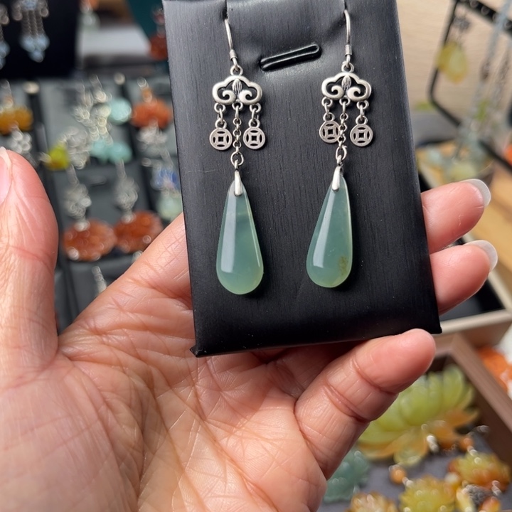 蛇纹石玉耳饰银S925镶嵌