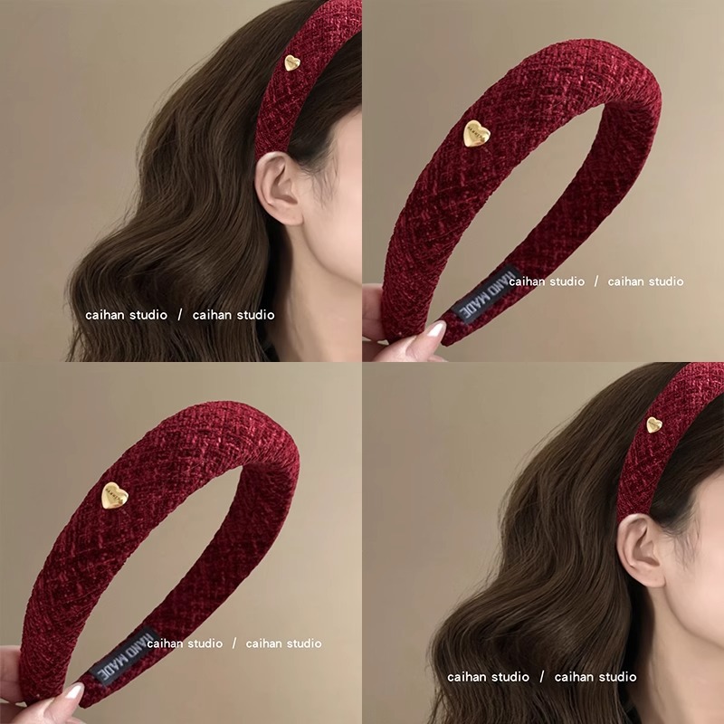 馥郁酒红！爱心金标发箍！复古格纹洋气百搭头箍女外出高颅顶发卡