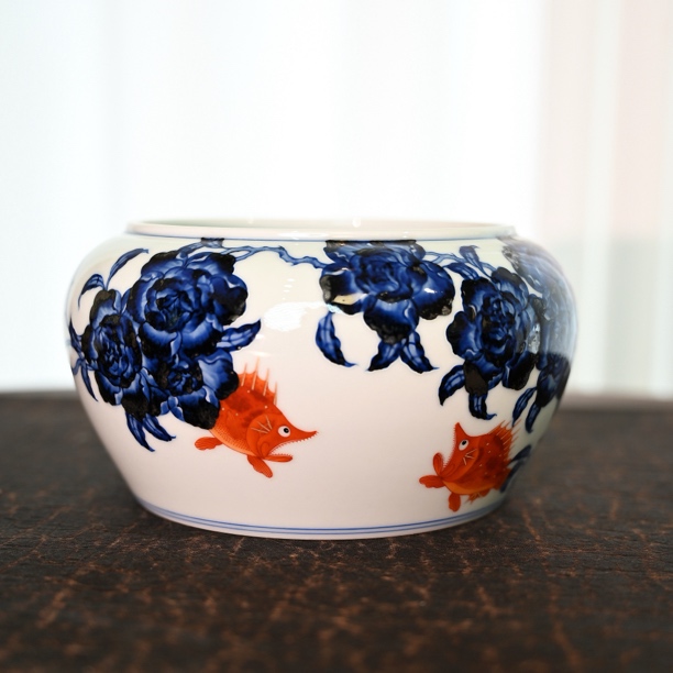 雯华堂|景德镇手绘青花月季花鳜鱼钒红水洗，愉悦茶洗