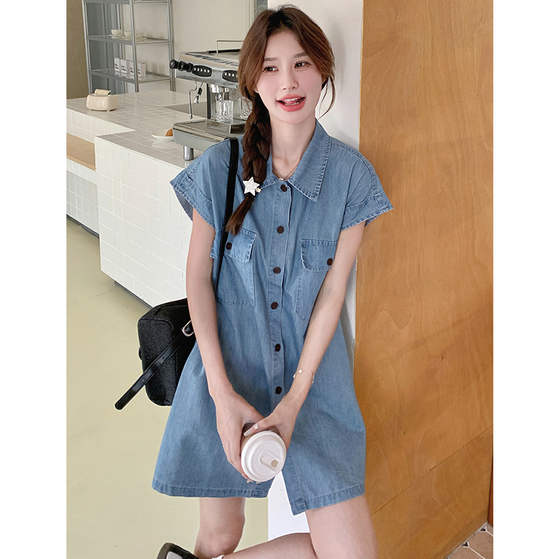 浅色复古牛仔衬衫连衣裙女2025夏季新款小个子显高少女感减龄短裙