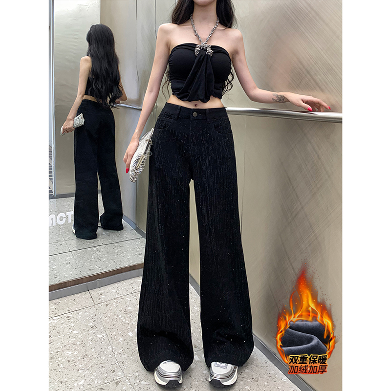 高级感流星闪钻加绒阔腿牛仔裤女2025年冬季黑色显瘦高腰堆堆长裤