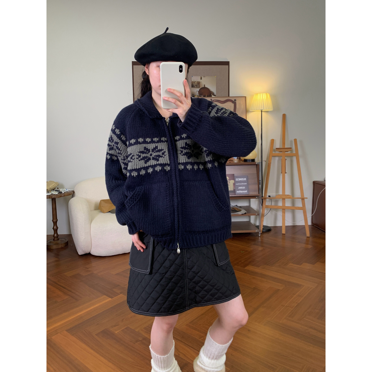 复古费尔岛翻领拉链毛衣外套女秋冬新款宽松百搭加厚保暖针织开衫