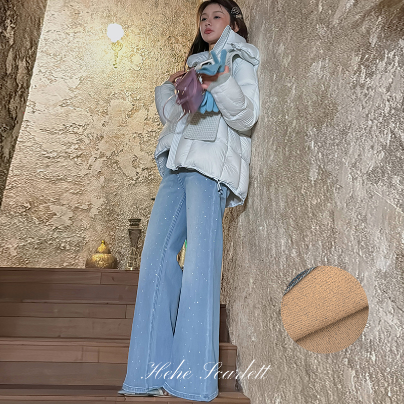 你的呵呵Scarlett｜满钻牛仔裤 重工定位密闪烫钻加绒高腰微喇裤