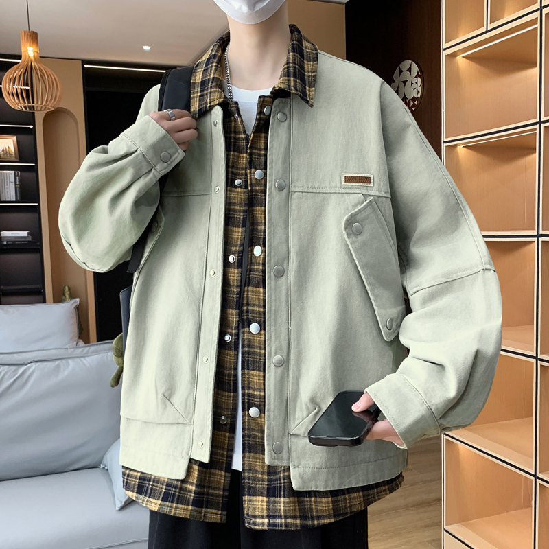 百搭时尚青少年潮酷假两件牛仔砂洗外套男装宽松夹克新款上衣