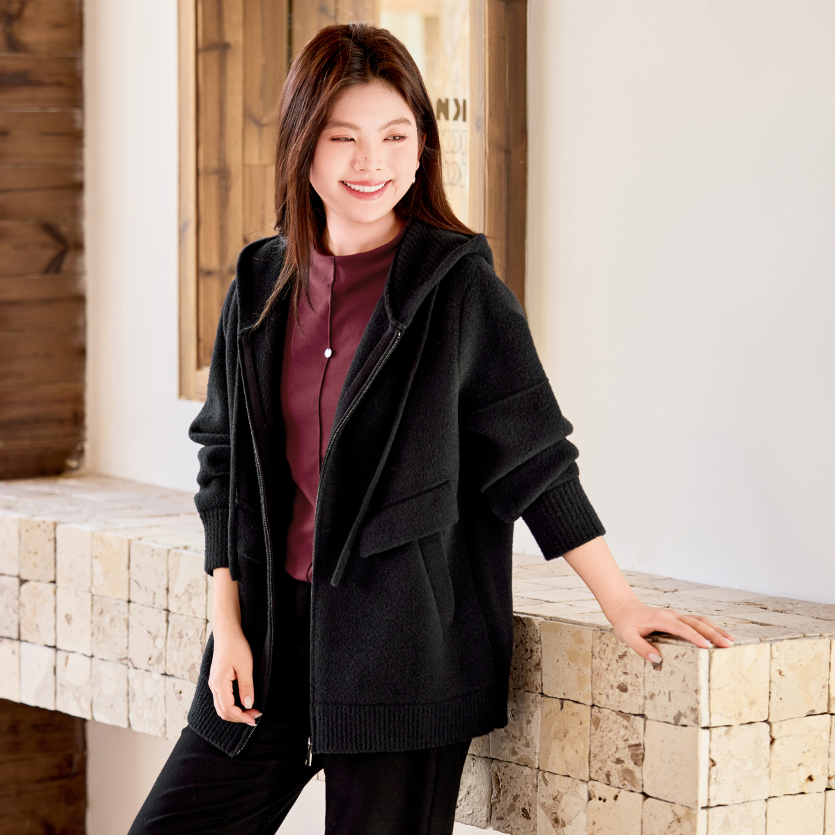 【仿貂针织】MsShe大码女装2025新款冬装宽松连帽毛衣外套M2509081