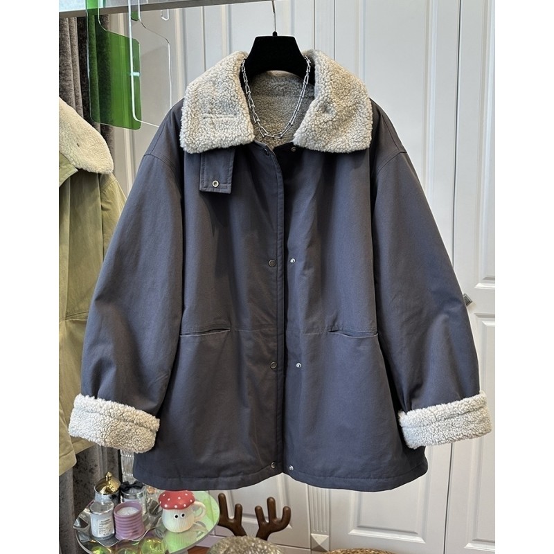 P0616时尚超好看毛茸茸内里翻领宽松中长款外套女慵懒纯色冬新品