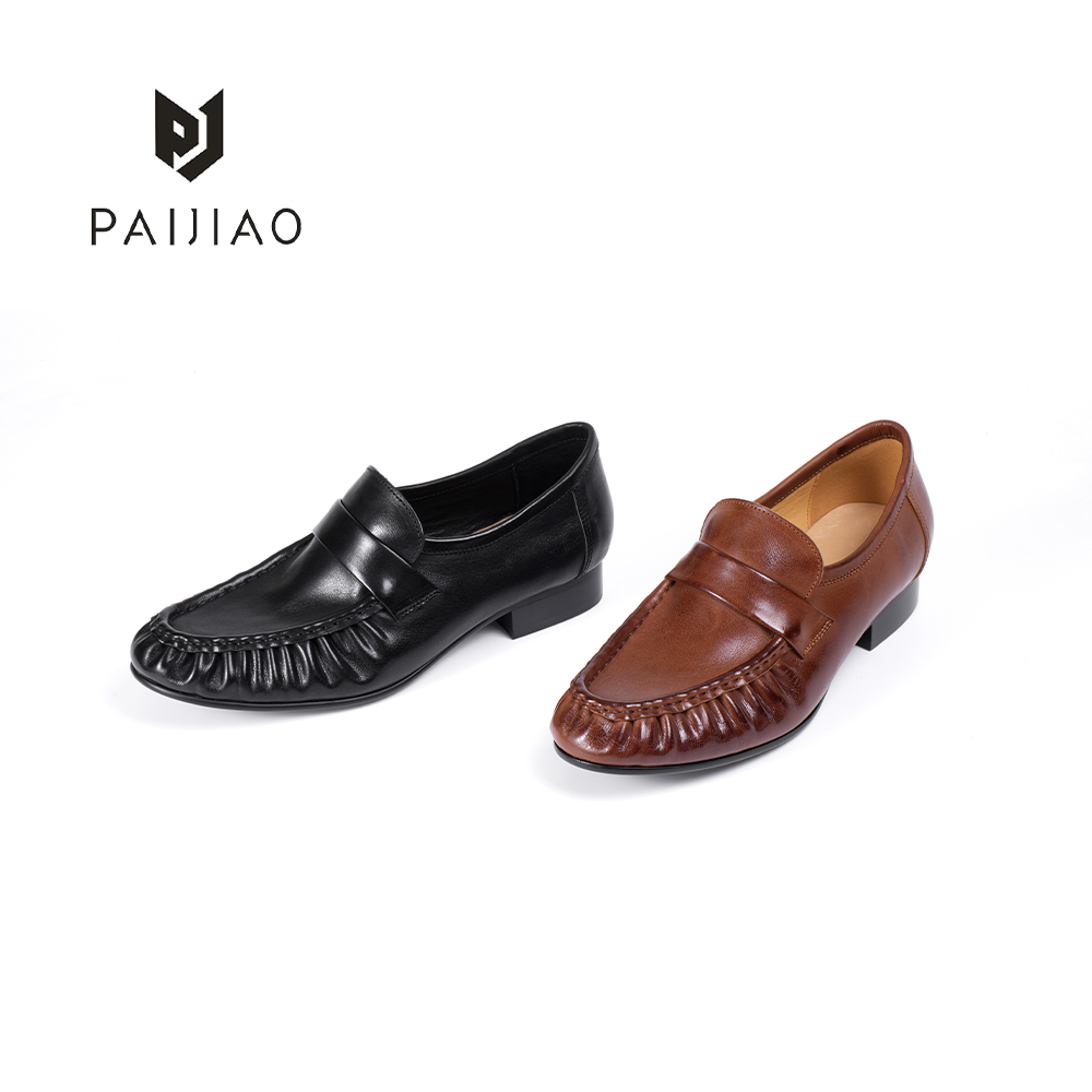 复古英伦风轻奢马皮褶皱圆头小众设计女乐福鞋单鞋小皮鞋XD113050