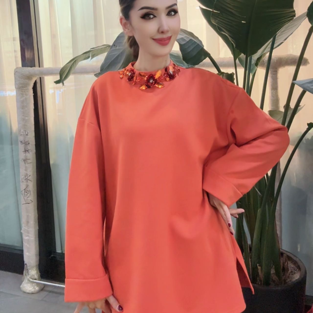 新款女款宽松手工长板卫衣