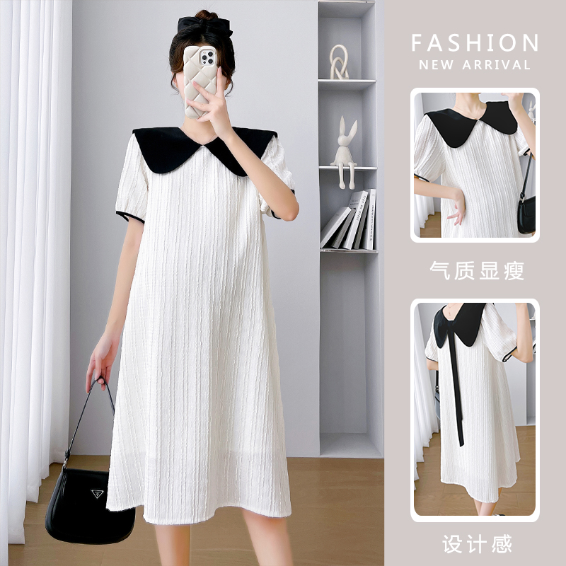 2025 新款韩版宽松娃娃领拼色翻领孕妇连衣裙