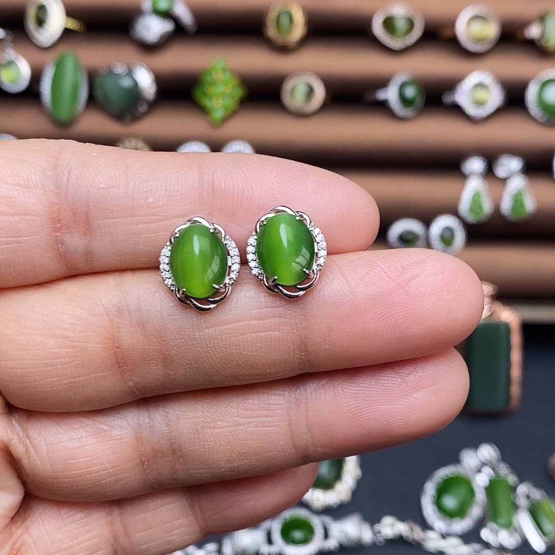 吊坠(不含链)银S925镶嵌和田玉（碧玉）爱****精耳饰